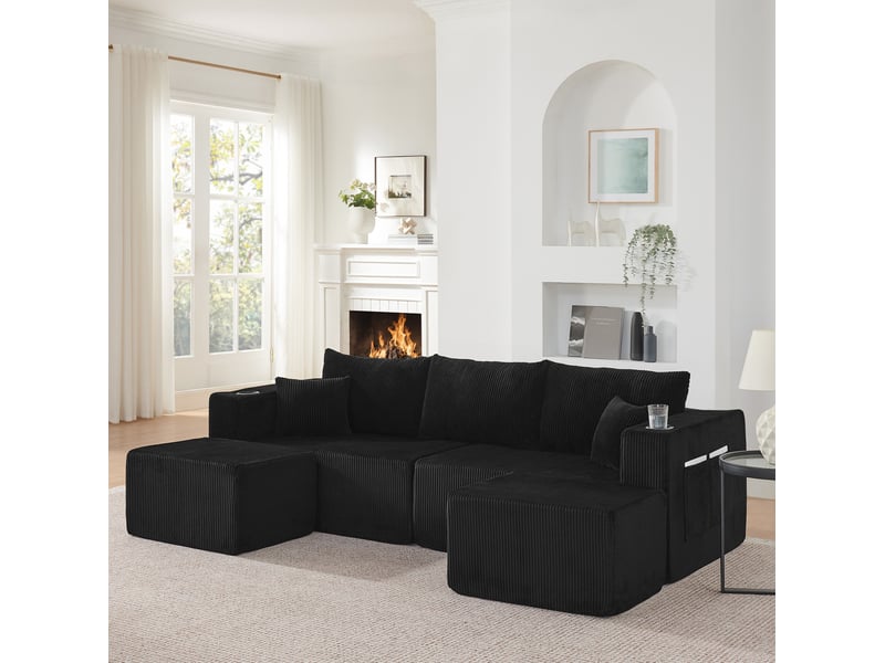 Canapé d'angle modulable 3 places 230x138x75 cm tissu côtelé noir  - Conforama C