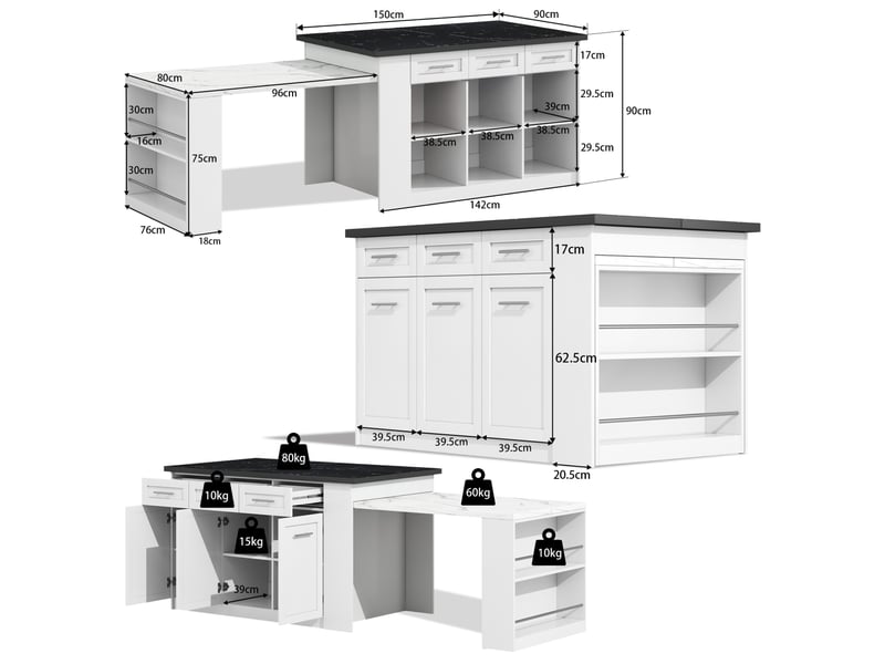 Desserte de cuisine avec table coulissante, 6 tiroirs, 3 portes et étagères réglables blanche 150 × 90 × 90 cm - Conforama C