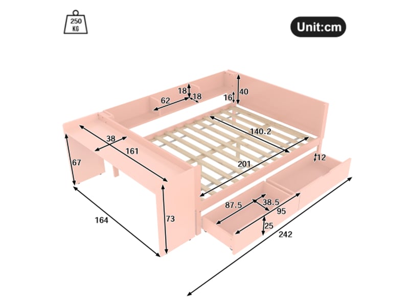  Lit plateforme rose en pin 140x200 cm - bureau intégré, 2 tiroirs, étagères, panneaux de particules - sans matelas  - Conforama C