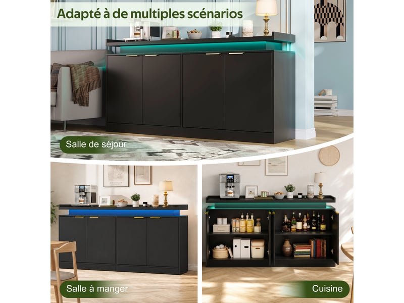  Buffet 160x39x83 cm avec led rgb, 4 portes, rangement ouvert et fermé, commande app, noir  - Conforama E