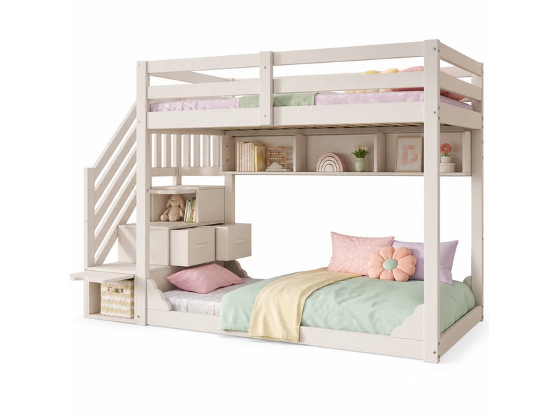  Lit superposé enfant 200×90 cm avec escalier de rangement, 2 tiroirs et étagères, sans matelas, en bois blanc  - Conforama A