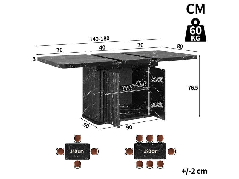  Table extensible effet marbre noir avec rangement, 140 à 180 cm Fay Lum - Conforama C