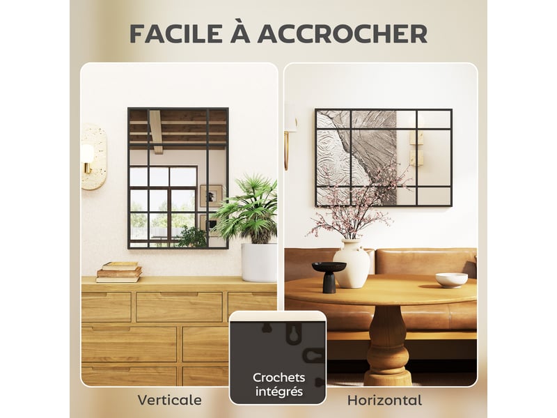  Miroir mural verrière rectangulaire style fenêtre, horizontal ou vertical avec 4 crochets, en métal noir - 50x70 cm  - Conforama E