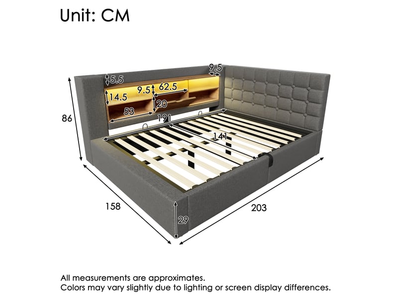  Lit coffre 140x190 cm avec led, ports usb, tête de lit réversible, gris  - Conforama C