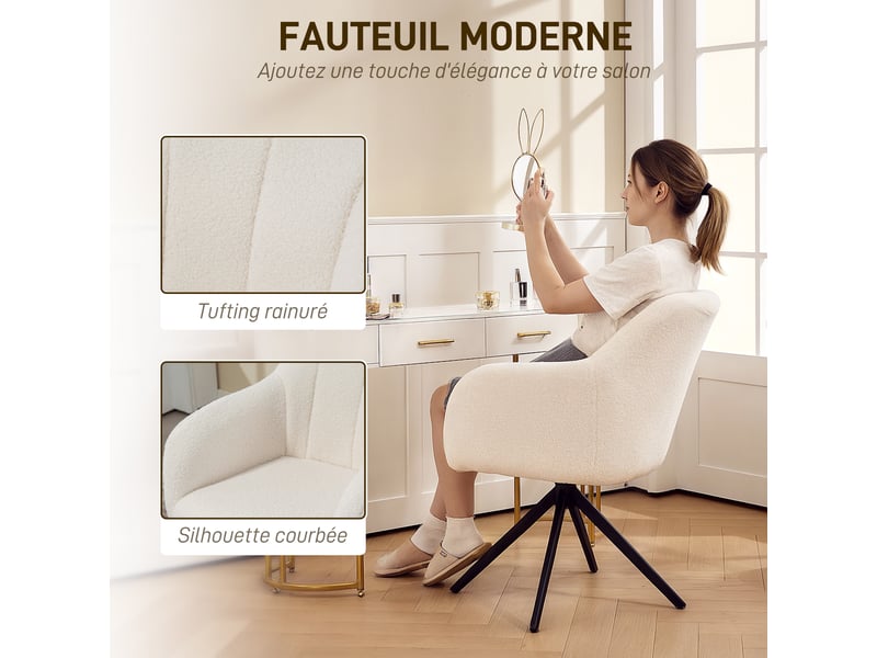  Fauteuil de salon pivotant capitonné grand confort piètement en acier et tissu effet polaire blanc teddy  - Conforama R