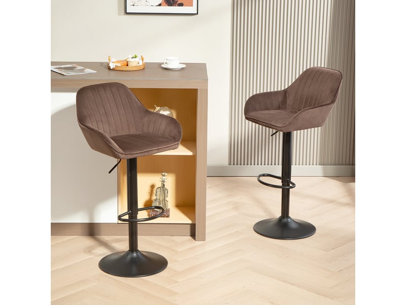  Lot de 2 tabourets de bar pivotants, hauteur réglable de 62 à 83 cm, revêtement en velours, dossier et repose-pieds, marron  - Conforama C