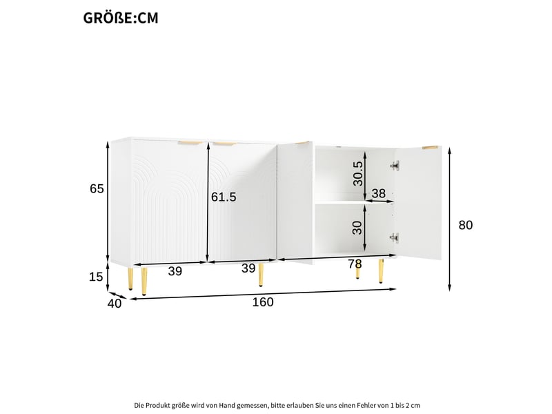 Buffet 4 portes 160x40x80 cm, étagères réglables, mdf et panneaux de particules blancs - Conforama E