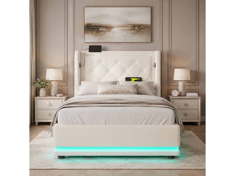  Lit coffre 1 place 90x200 cm en pu blanc avec led, usb et usb-c  - Conforama B
