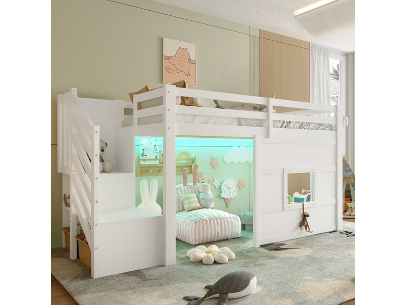 Lit mezzanine enfant 90x200 cm avec escalier, fenêtre et éclairage led blanc  - Conforama E