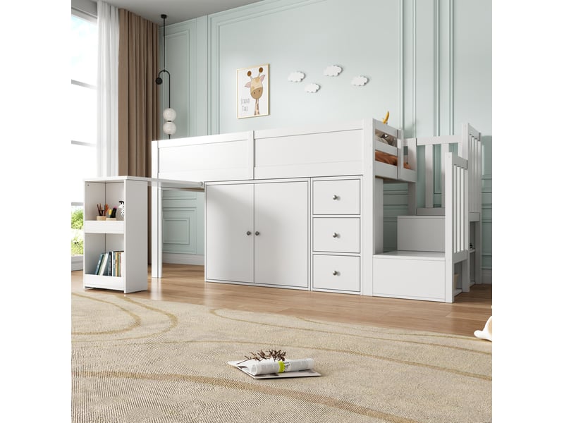 Lit combiné enfant 90x200cm, 3 tiroirs, escalier et sommier, armoire de 2 portes, espace de rangement, bureau intégré, mdf blanc, sans matelas - Conforama E