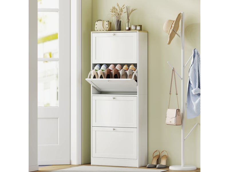 Meuble à chaussures 24 paires, armoire à chaussures avec 4 tiroirs rabattables, étagères réglables, 60x23,5x153cm, blanc - Conforama B