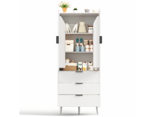 Buffet de cuisine haut avec 2 portes, 3 tiroirs et étagères réglables en mdf blanc pour cuisine 75 × 35 × 180 cm