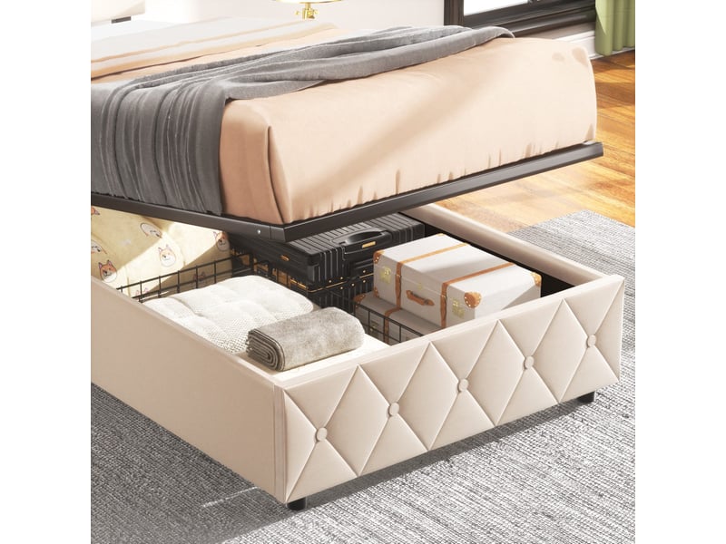  Lit rembourré ulevr 90 x 200 cm en velours beige avec sommier à lattes et pieds de soutien  - Conforama E
