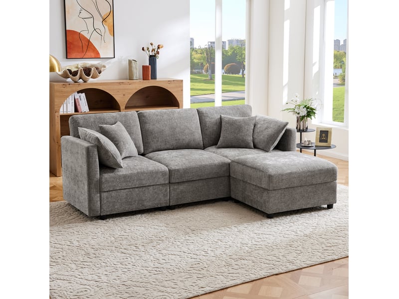 Canapé d'angle en l convertible en 3 places avec repose-pieds, 4 coussins et accoudoirs réglables, en tissu chenille confortable, pour salon, bureau et appartement, gris. Avec vidéo. - Conforama C