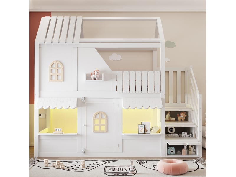 Lit superposé enfant 90 × 200 cm avec escalier de rangement, led réglables, étagères et espace de jeu pour chambre - Conforama B
