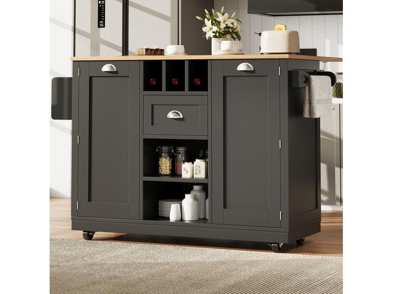 Desserte de cuisine noire 140 cm avec plateau rabattable, rangement et roulettes - Conforama B
