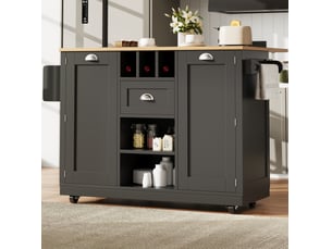 Desserte de cuisine noire 140 cm avec plateau rabattable, rangement et roulettes