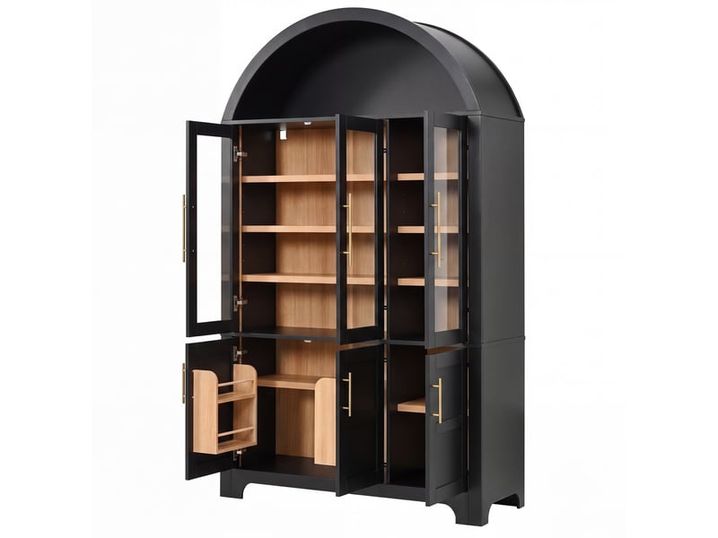  Buffet haut noir avec niche arrondie, 3 portes vitrées, 3 portes pleines, étagères réglables et poignées en aluminium  - Conforama D