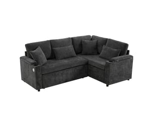 Canapé convertible d'angle l lora gris avec rangement, porte-gobelet, usb, tablette et 4 coussins