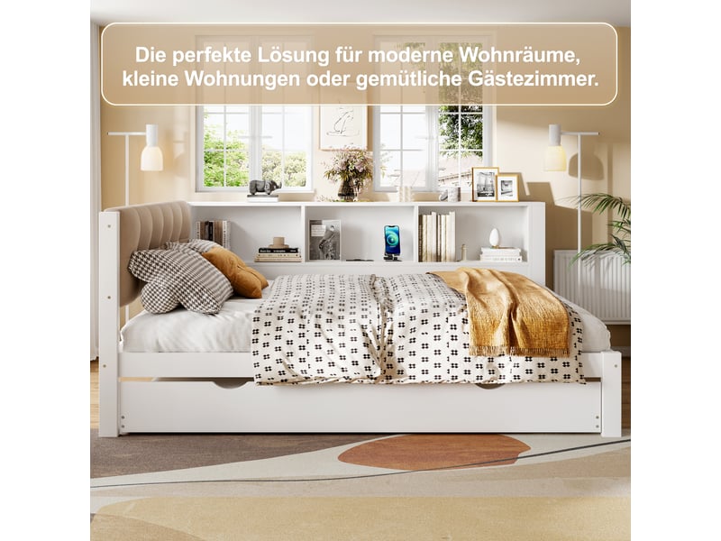  Lit avec tiroir escamotable en pin blanc 140x200 cm  - Conforama D