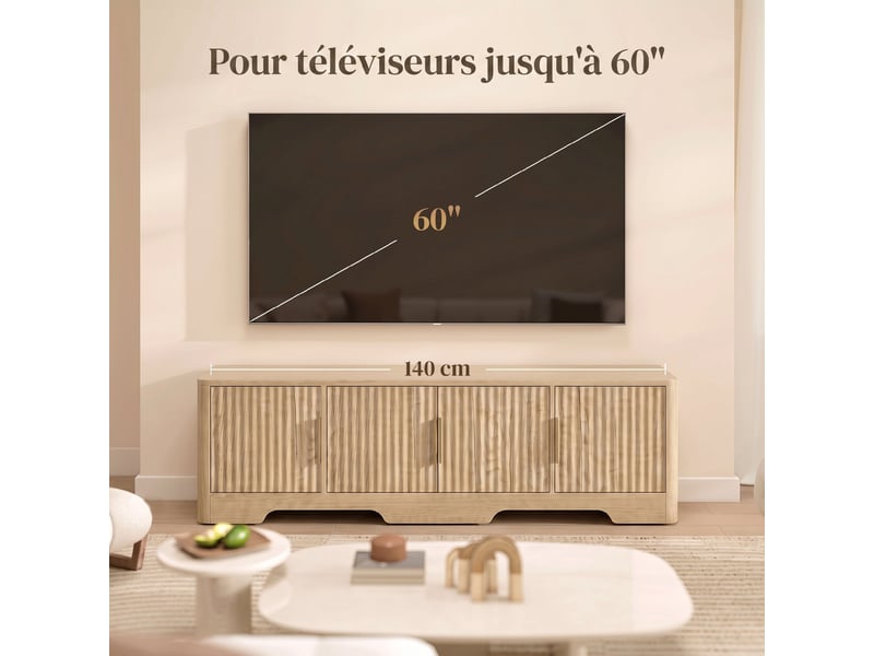  Meuble tv 4 portes pour écran jusqu'à 60 pouces coloris chêne 140 x 40 x 40 cm  - Conforama E