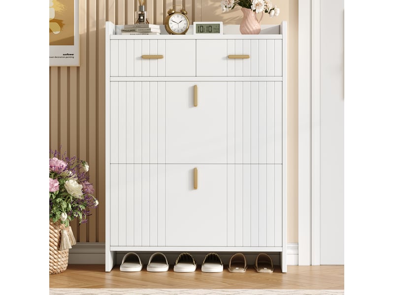  Meuble à chaussures à 2 compartiments abattants, 75x24x108,5 cm, blanc  - Conforama D