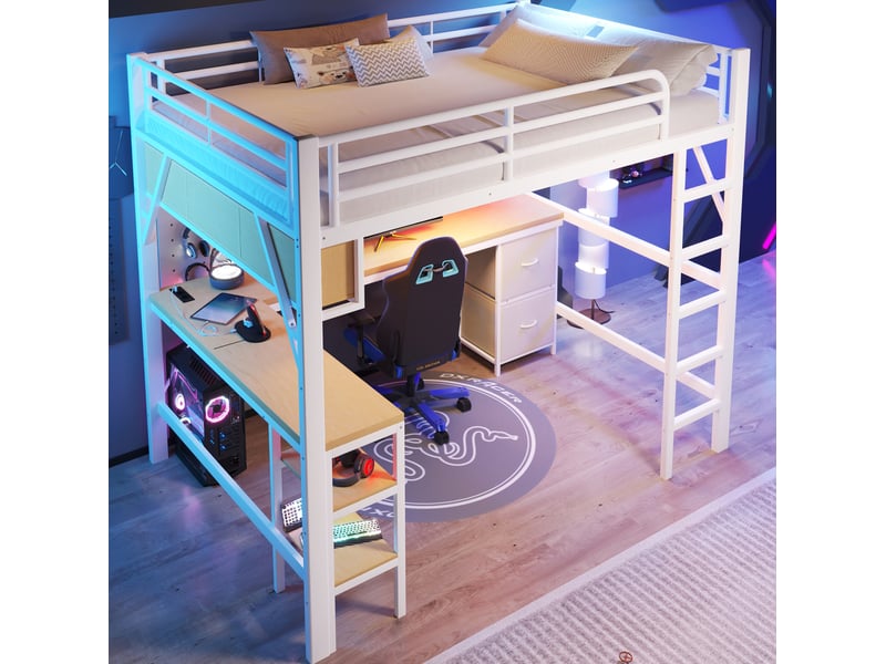  Lit mezzanine gaming 140 x 200 cm en métal avec bureau, rangements, usb et led blanc  - Conforama D