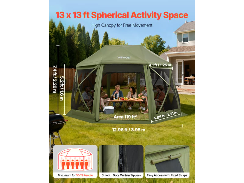  Vevor tente moustiquaire tonnelle pop-up 3,96x3,96 m tente moustiquaire pliante 10-12 personnes 13 cotes abri solaire pour camping famille, terrasse, jardin, avec toit amovible, sac de transport, vert  - Conforama B