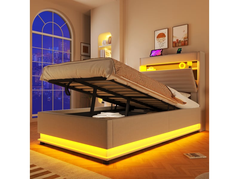  Modenvie lit coffre 90x200 cm - rangement hydraulique, led et ports usb usb-c - sans matelas - beige  - Conforama D