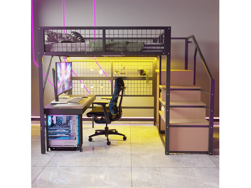  Lit mezzanine 140x200 cm en métal avec bandeau led piloté par application, noir  - Conforama D