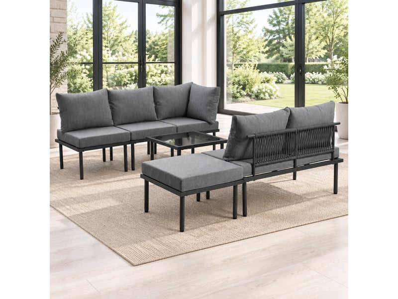 Ensemble détente extérieur 6 pièces avec table basse et coussins en olefin gris - Conforama B
