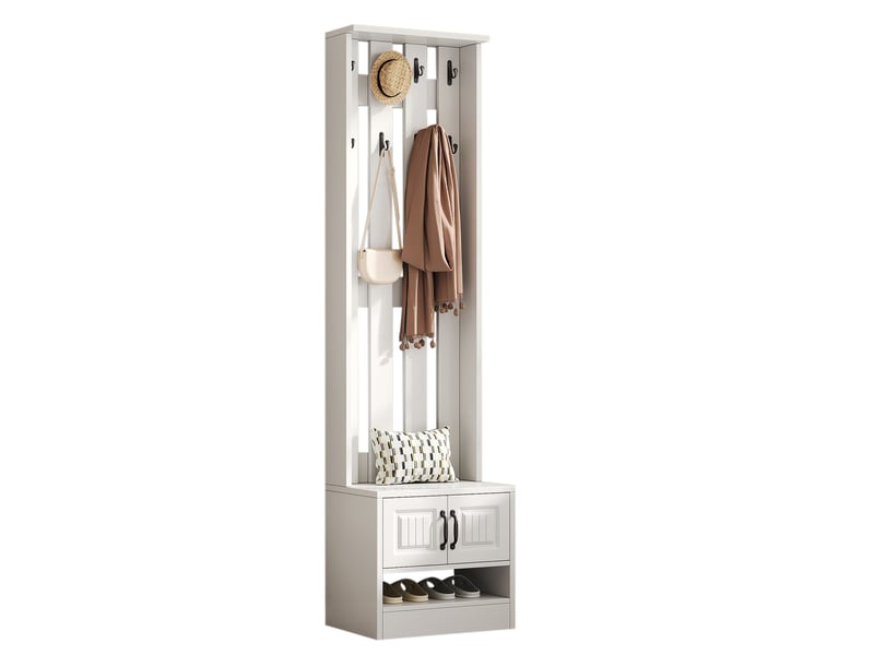 Vestiaire d’entrée blanc 50×36×190 cm en panneau de particules, banc de rangement, banc à chaussures, 2 portes - Conforama A