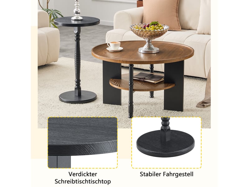  Set de 2 tables basses rondes 80x47+38x67 cm avec rangement, table gigogne, bords arrondis, salon, mdf, couleur noyer  - Conforama E