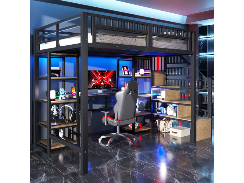  Lit mezzanine 140x200 cm avec bureau, rangements, led et usb noir  - Conforama D
