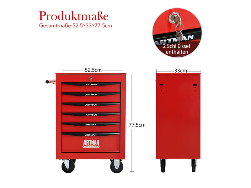  Servante d'atelier à 6 tiroirs 60 x 33 x 77,5 cm rouge et noir en acier, mobile et verrouillable  - Conforama C