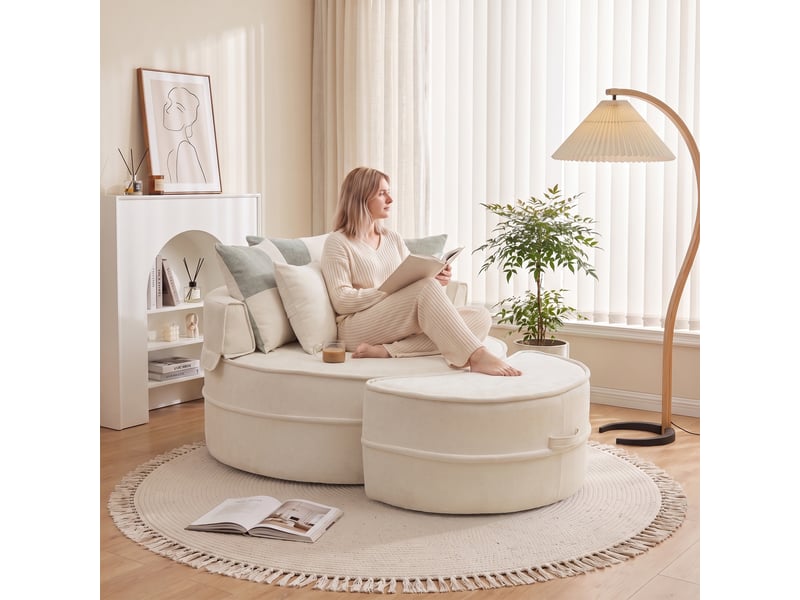  Fauteuil 1 place - 121x163x66 cm - fauteuil rond lounge xxl en tissu chenille avec 5 coussins et repose-pieds - beige  - Conforama C