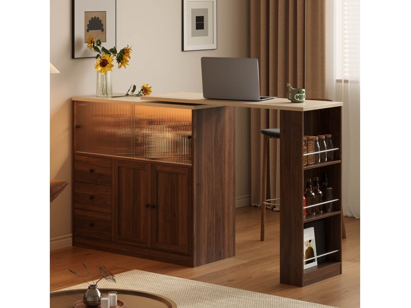  Îlot de cuisine avec plateau pivotant à 360°, 3 tiroirs, porte en verre trempé et éclairage led, naturel  - Conforama D