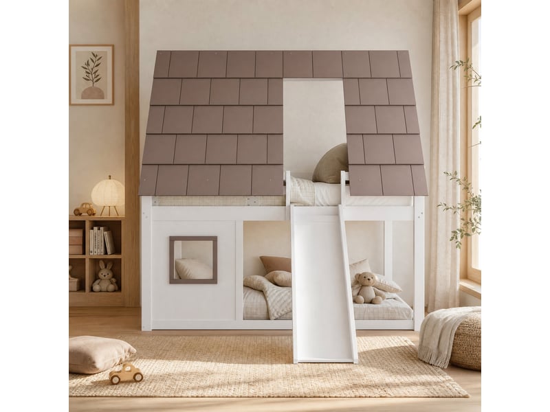  Lit superposé enfant 200×140 cm en forme de maison avec toit, échelle et toboggan, blanc et marron  - Conforama B