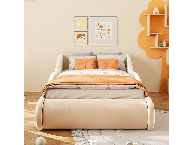  Lit enfant rembourré 90 x 200 cm avec côtés de protection et tête de lit haute, velours beige Fay Lum - Conforama E