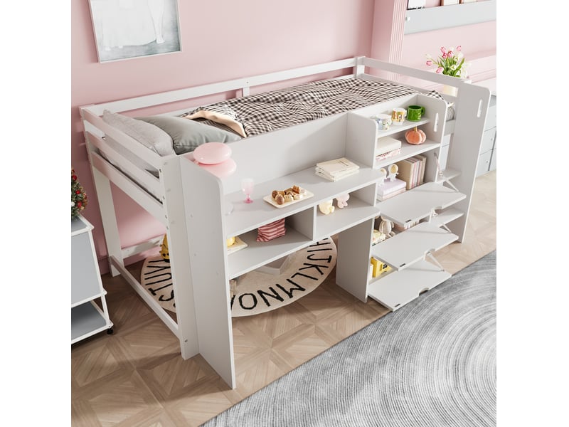  Lit semi-hauteur enfant 90x200 cm avec rangements et 3 tiroirs, coloris blanc  - Conforama E