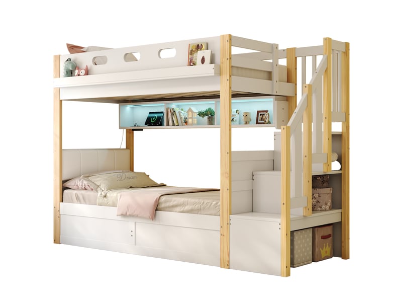 Lit superposé 90×200 cm et 90×200 cm avec escalier de rangement, led, usb et type-c, bois blanc sans matelas - Conforama A