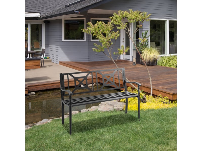  Banc jardin 2 places, acier, accoudoirs, dossier décoratif, terrassebalconpatio, max 240 kg, 128x62,5x81,5 cm, noir.  - Conforama D