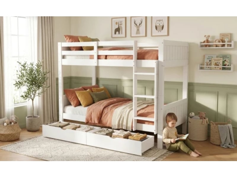 Lit superposé bois 90×200cm, séparable en 2 lits, échelle + tiroirs, pinmdf, blanc  - Conforama B