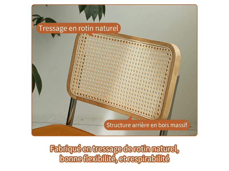  Lot de 2 chaises de salle à manger en velours orange, design moderne mid-century avec dossier rotin et pieds chromés  - Conforama W