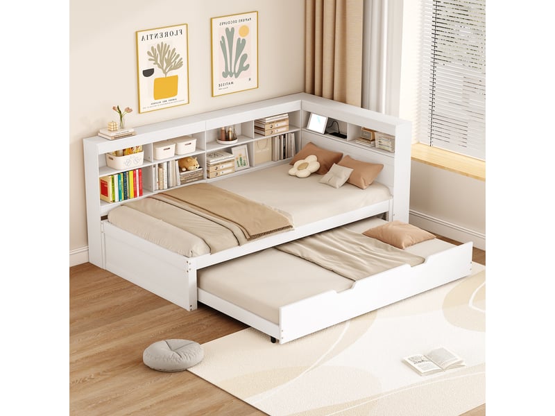  Lit banquette enfant 90 x 200 cm avec lit gigogne 90 x 190 cm, usb et rangements, bois, blanc Fay Lum - Conforama B