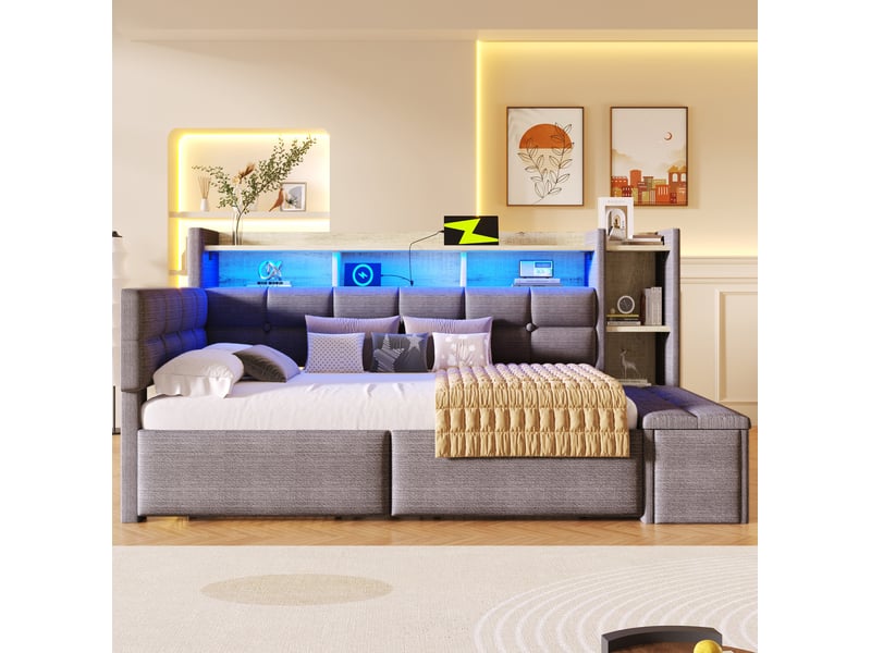  Lit 1 place, 90x190 cm, lit 1 place, 2 tiroirs pratiques, coffre, connectiques usb type c, led, velours, coloris gris  - Conforama D