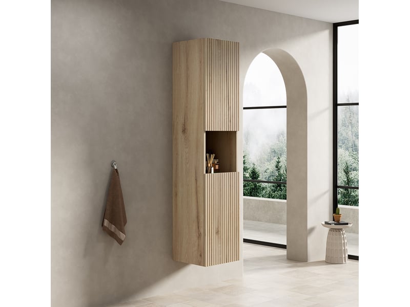  Armoire de salle de bain murale 2 portes avec niche ouverte et étagères réglables pour petit espace en bois naturel  - Conforama E