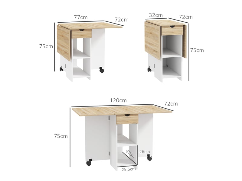 Table de cuisine pliante à roulettes avec accoudoirs rabattables, tiroir et étagères pour 2 à 4 personnes, 120 x 72 x 75 cm, chêne et blanc  - Conforama E