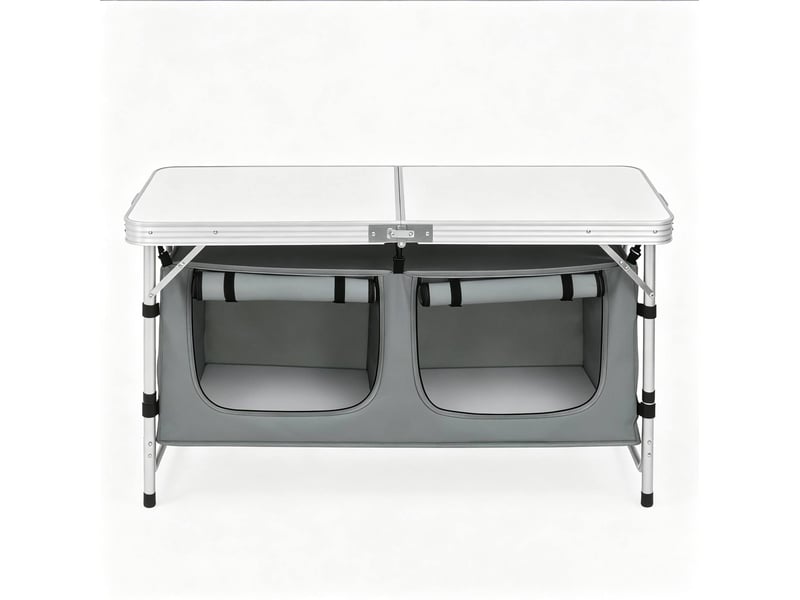  Table de camping pliante 120x47 cm – gris et blanc – hauteur réglable avec sac de rangement suspendu  - Conforama A