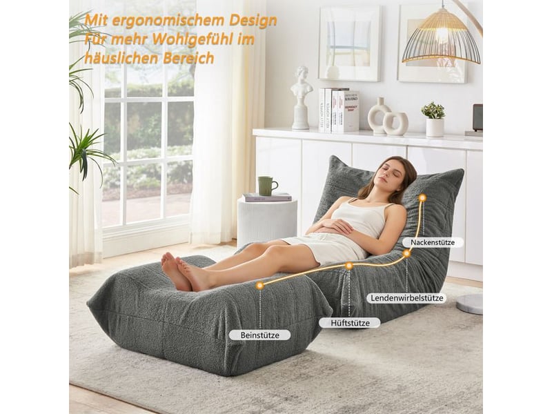  Fauteuil relax en tissu peluche - gris - mousse haute densité - dossier inclinable - repose-pieds 100x90x70cm - Conforama C